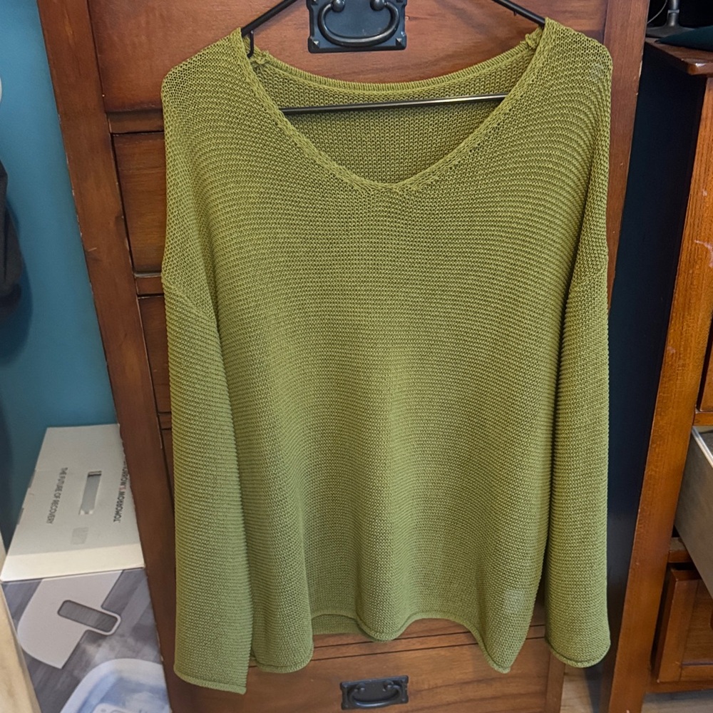 Relaxed V-Neck Knit Sweater in Olive